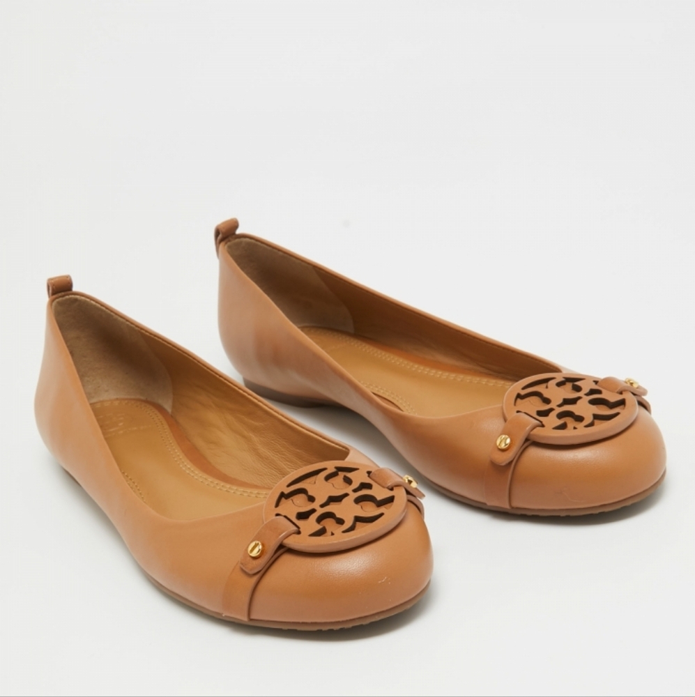 Tory Burch Tan Leather Flats with Gold Accents